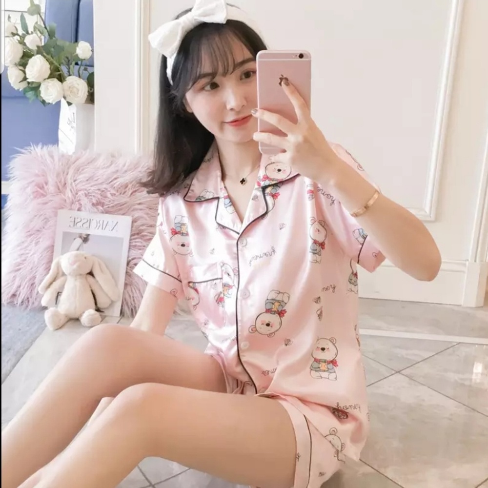 🆕 Cute Bear Print Satin Silk Pajamas Set